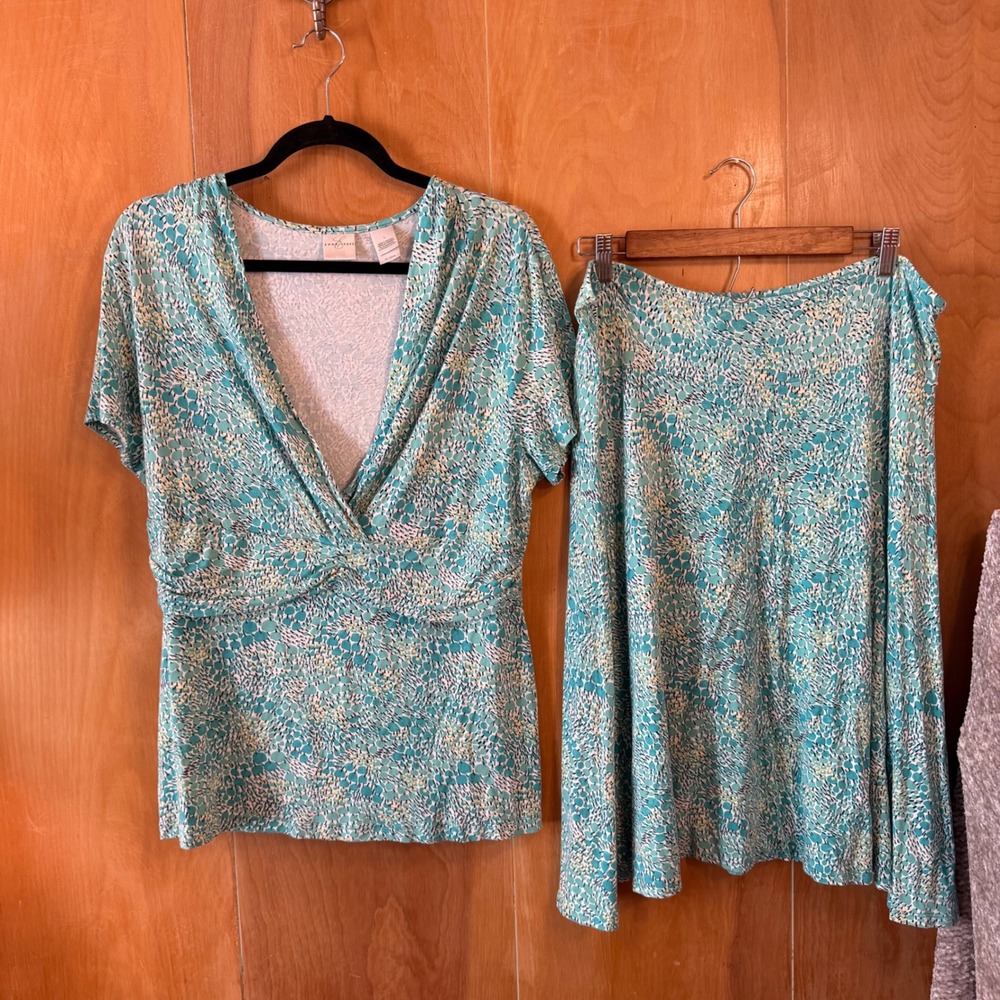 Emma James Teal Abstract Print 2 Piece Skirt Set V-Neck Top A-Line Skirt Large